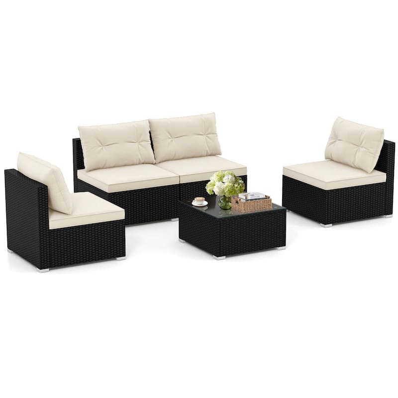 5 PCS Patio Furniture Set Outdoor Wicker Conversation Set w/ Cushions - Beige