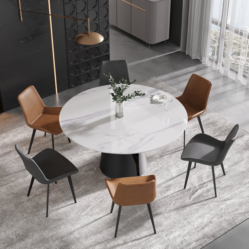 59" Round Slate Dining Table, White Marble Top with Black Metal Pedestal