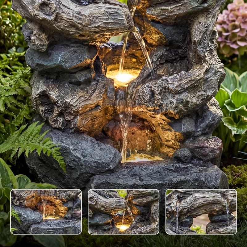 Outdoor 4-Tier Hand Crafted Polyresin Rainforest Wood Weather Resistant Fountain