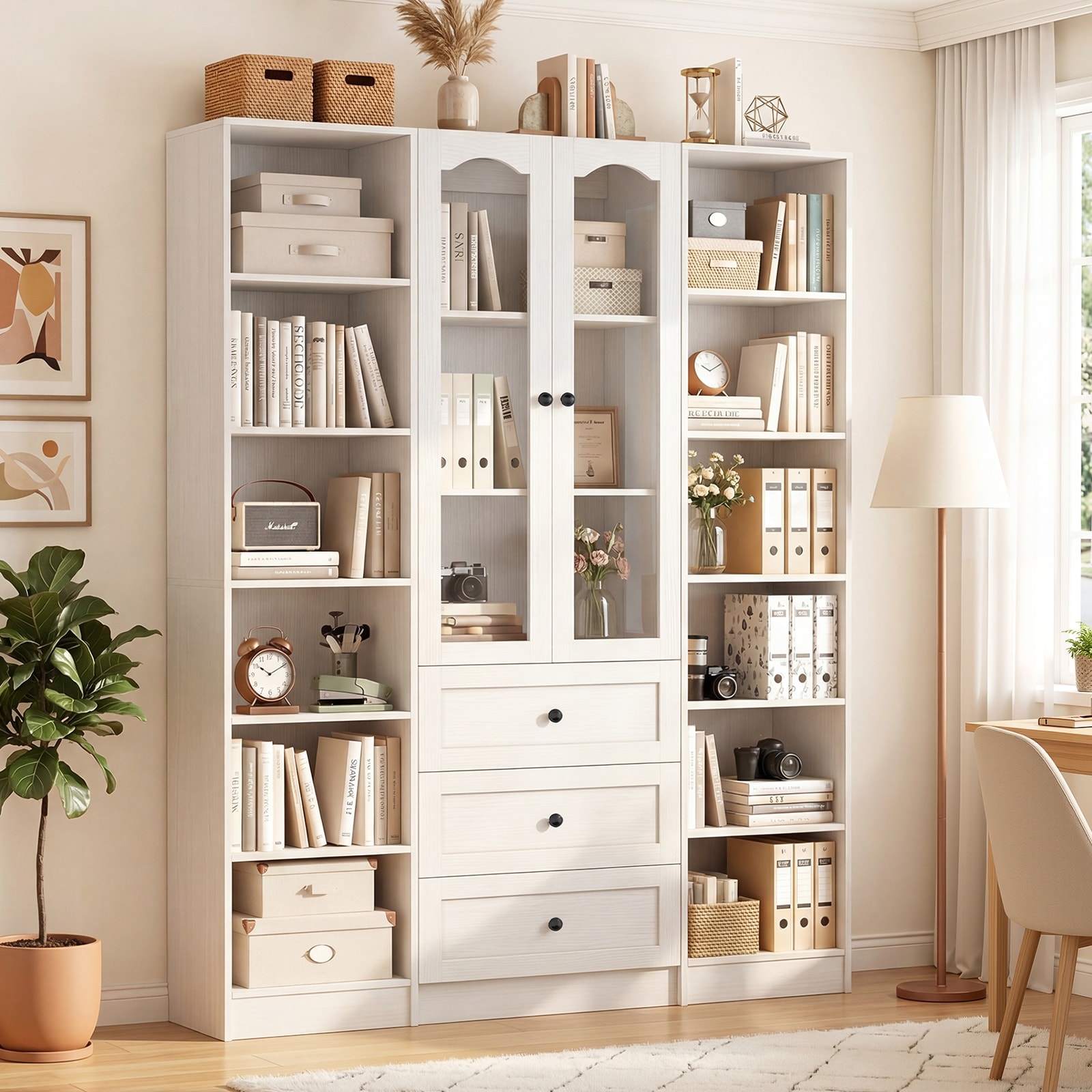 80"H Display Bookcase with Glass Doors & 3 Storage Drawers, Multi-Cubby Open Bookshelf Storage Organizer