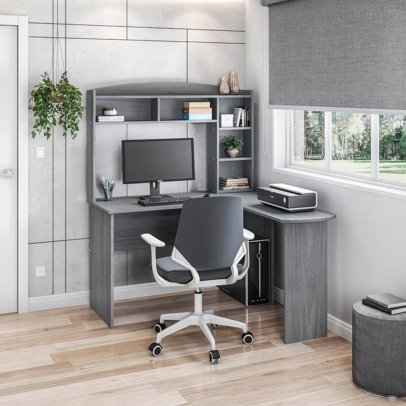 Modern L-Shaped Computer Desk with Storage and Shelves - Gray Color