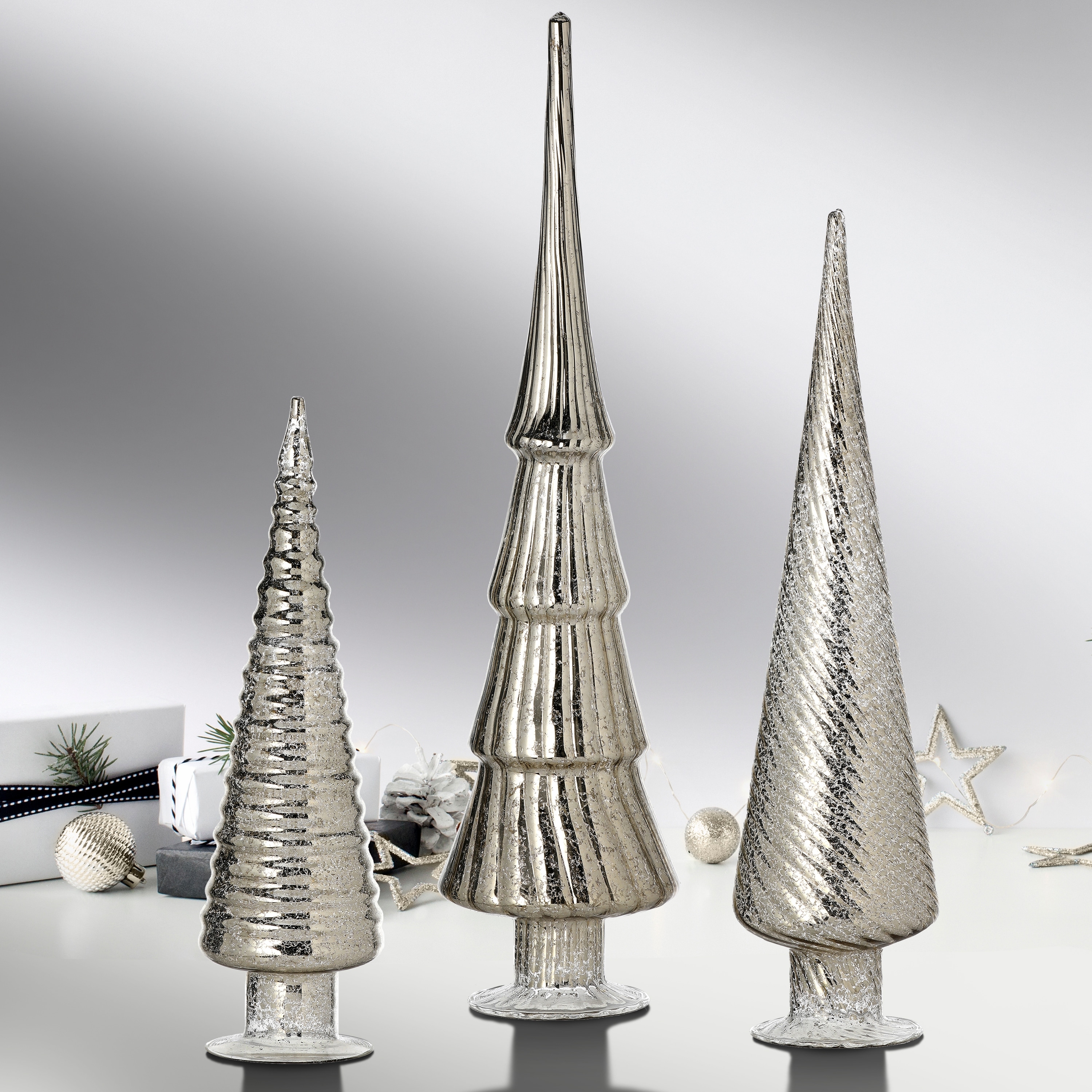 12/15/18" Mercury Glass Tree Trio Set of 3