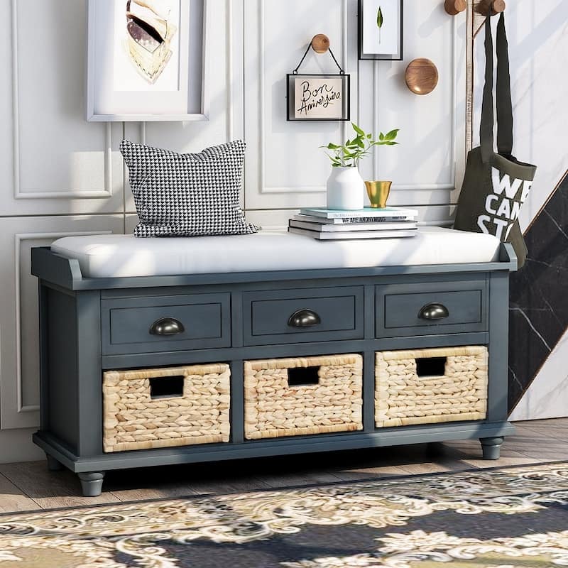 Rustic Storage Bench with 3 Drawers and 3 Rattan Baskets, Shoe Bench for Living Room, Entryway - Antique Navy