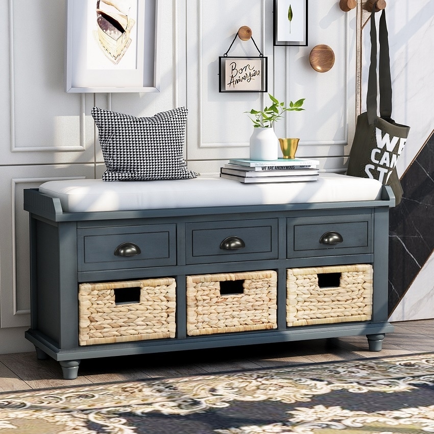 Rustic Storage Bench with 3 Drawers and 3 Rattan Baskets Shoe