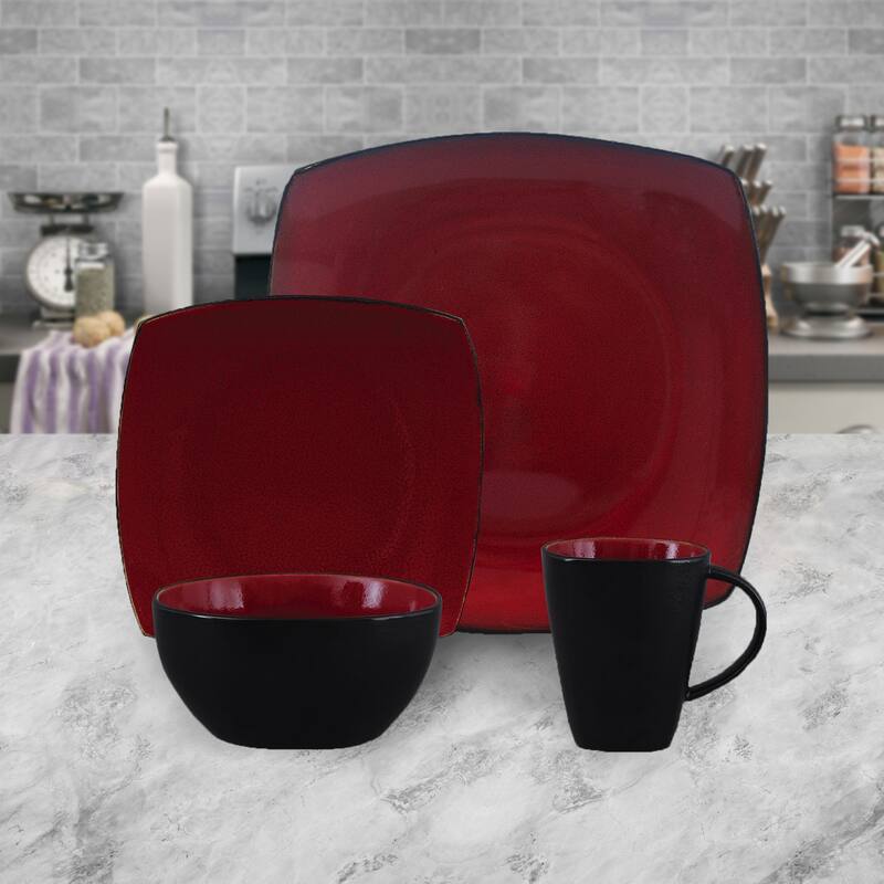 Modena Hideaway 16 Piece Soft Square Dinnerware Set in Black and Red