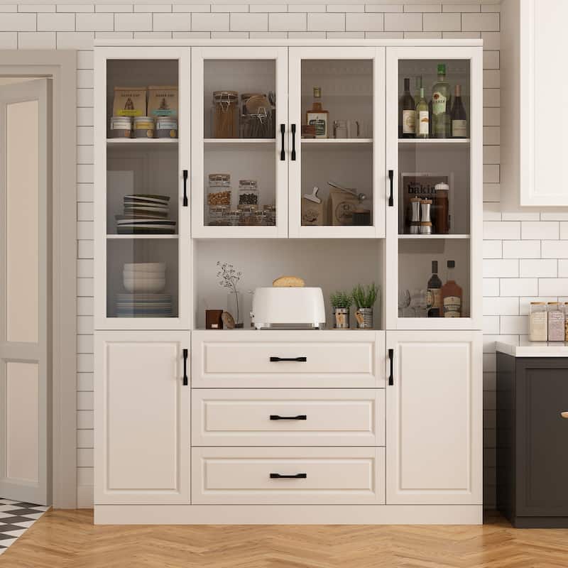 Large White Buffet Elegant Kitchen Cabinet with Glass Doors Dislplay
