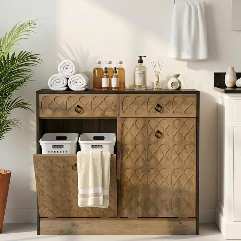 10-Gal Tilt-Out Trash Can Cabinet with 2 Drawers, 39.37" Wood Sorter