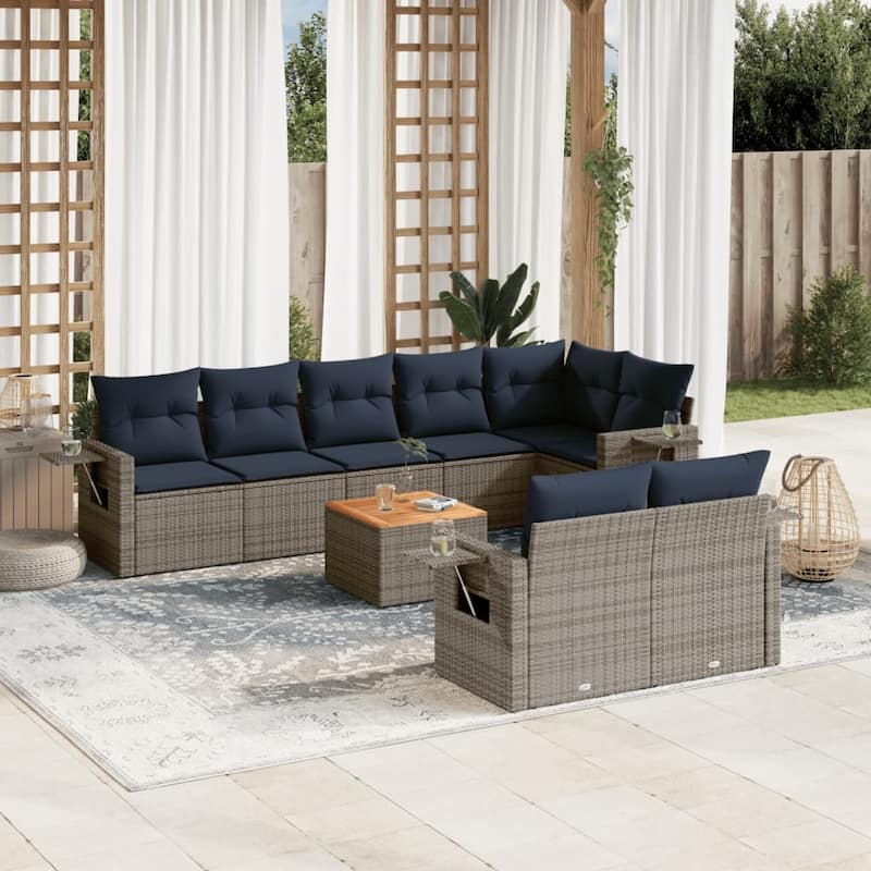 vidaXL 9 Piece Patio Sofa Set with Cushions Black Poly Rattan - 24.4" x 24.4" x 27.2" - Grey and navy blue  - form1
