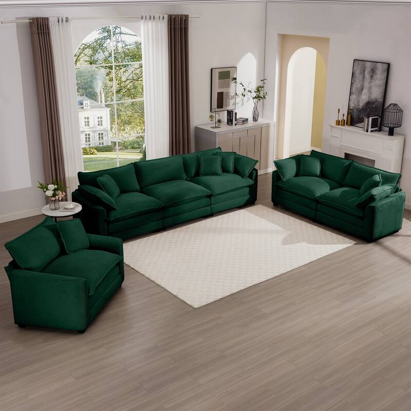 Oversized 3 - Piece Sofa Set with Corduroy 3-Seater Sofa and 2-Seater Loveseat & Single Deep Seat Sofa Chair for Livingroom
