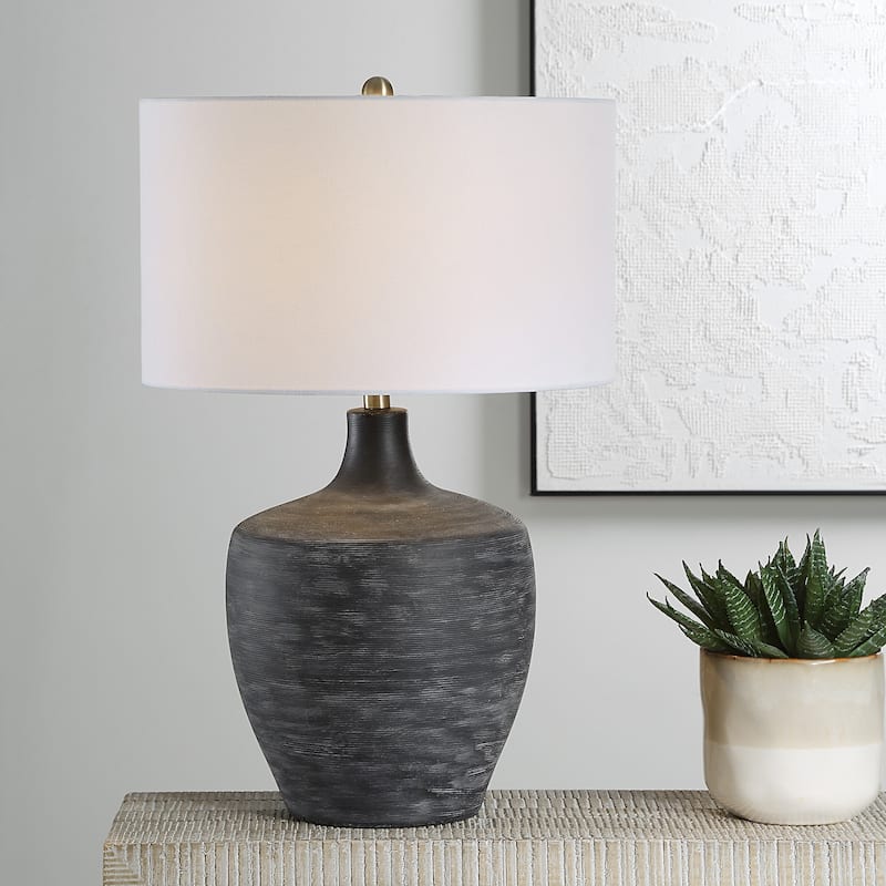 Ribbed Table Lamp with Drum Shade - 24.5" - Charcoal Black