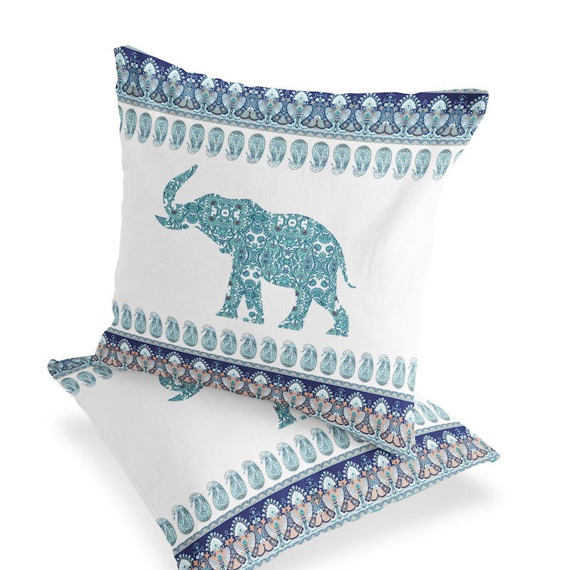 HomeRoots Set of Two 16" X 16" Blue and White Elephant Blown Seam Paisley Indoor Outdoor Throw Pillow - 16.00' X '16.00' X '5.00