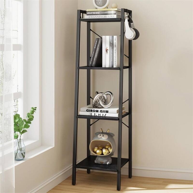 Freestanding Corner Storage Shelve with 2 Hooks for Home Office - 9.45"D x 15.35"W x 72.83"H - Black