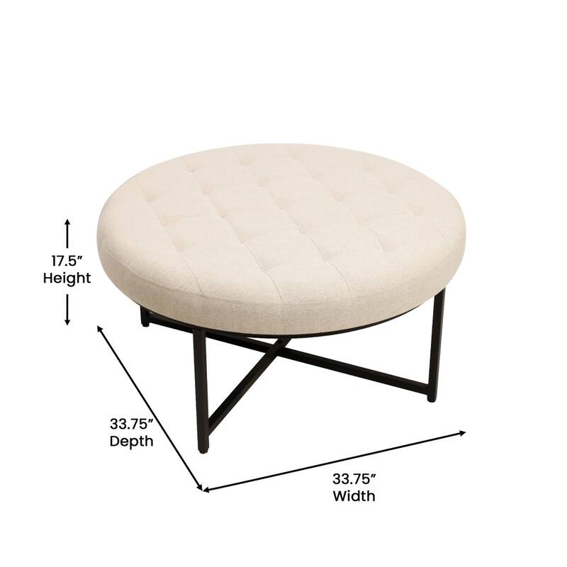 Round Cotton Linen Tufted Ottoman with Metal Frame