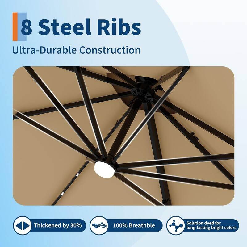 10FT Cantilever Patio Umbrella with Solar Lights, 360° Rotation Offset Umbrella