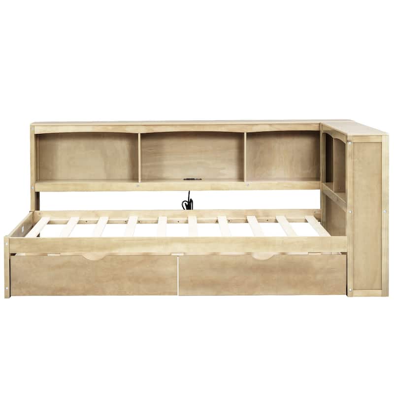Twin Size Daybed Bed with Two Drawers, Storage Cabinets and USB Ports, Wooden L Shaped Storage Bed for Bedroom