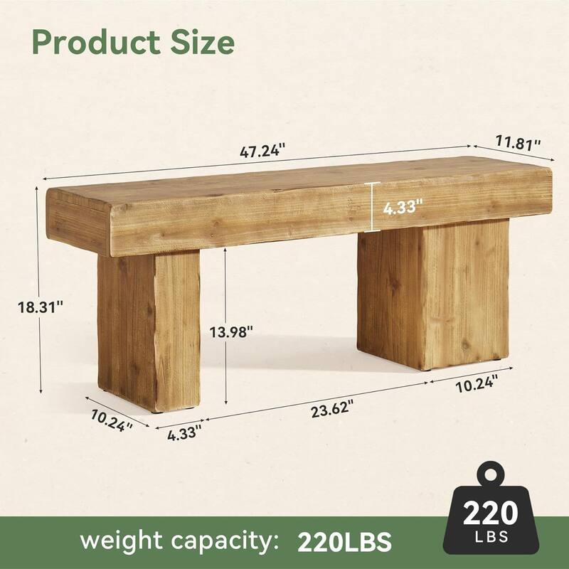47" Thickened Solid Wood Bench, Rustic Farmhouse Entryway Bench with Artistic Legs