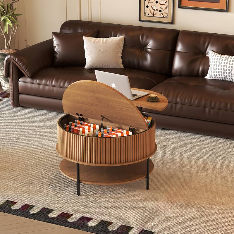 31.5 Inch Farmhouse Brown Lift Top Coffee Table, Round Storage Cocktail Table with Sturdy Steel Legs, for Living Room