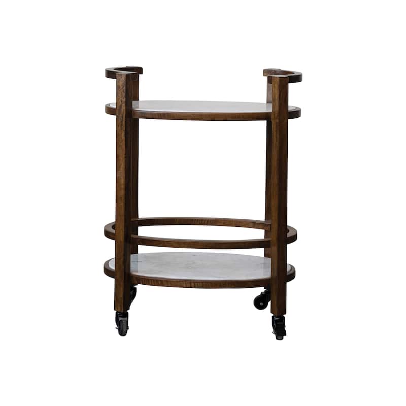 Mango Wood and Marble 2-Tier Bar Cart - 25.5"L x 14.0"W x 33.5"H