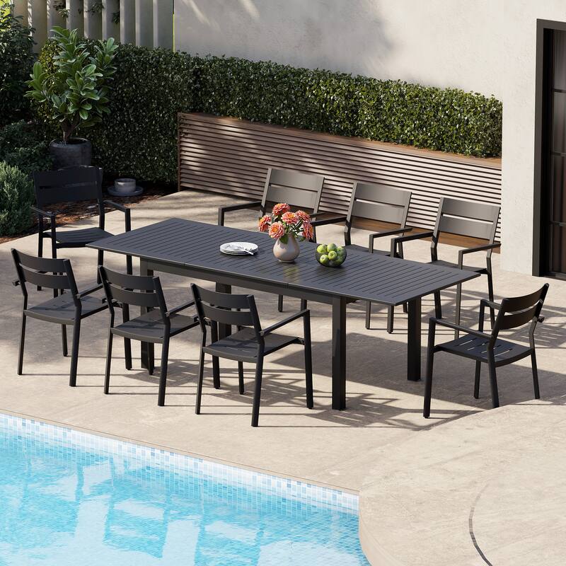 9-Piece Outdoor Aluminum Patio Expandable Dining Table Set with Stackable Chairs