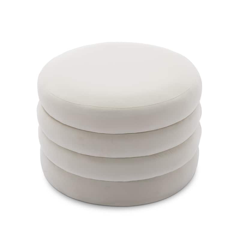 Velvet Round Ottoman with Storage, Footstool with Wooden Shelving, Multifunctional Round Vanity Stool for Makeup - Ivory