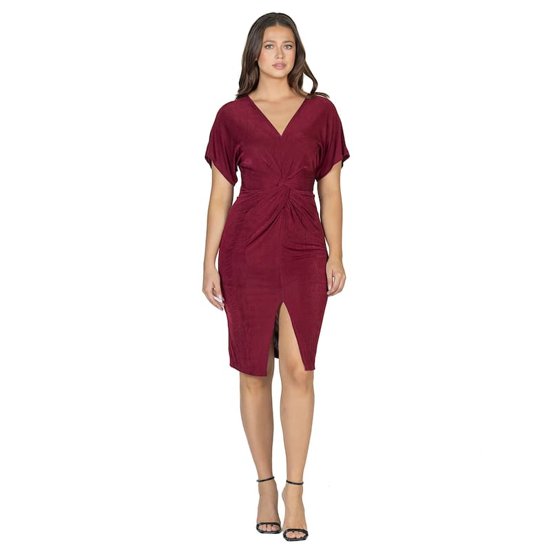 24seven Comfort Apparel Womens Short Sleeve V Neck Twist Front Split Hem Dress - Red - M