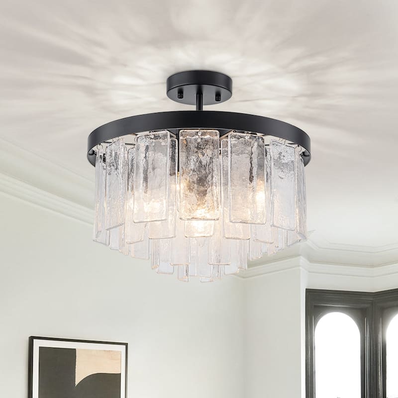 5-Light Tiered Water Glass Round Semi Flush Chandelier - Black