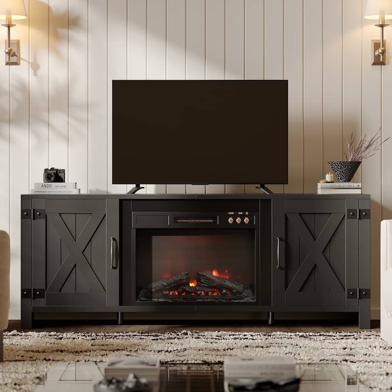 Bestier 63" Fireplace TV Stand for TVs, Farmhouse Barn Door Entertainment Center with Electric Heater, Adjustable Shelves