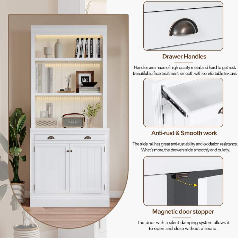 Merax LED-Lit Modern Tall Bookcase with Adjustable Shelves, Drawer & Cabinet