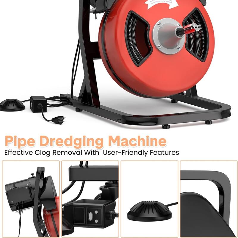 50 FT x 1/2" Electric Drain Auger Machine with Wheels for 2" to 4" Pipes