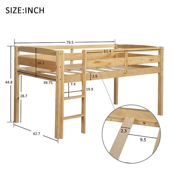 dimension image slide 1 of 3, Twin Size Low Loft Bed with Ladder & Guardrails, Wooden Twin Bed Frame