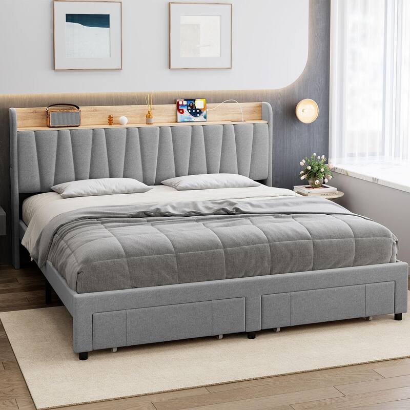 Upholstered Platform Bed with Storage Headboard, Drawer & Charging Station, Wood Slat Support
