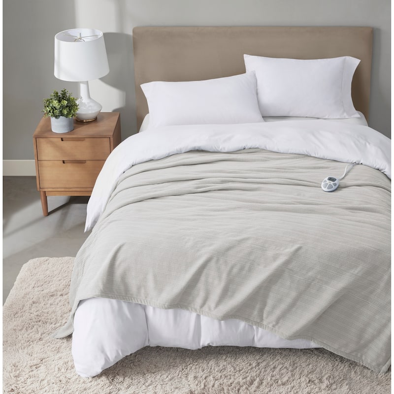 Serta Travis Heated Tri-Rib Microfleece Blanket - Full - Latte Tan