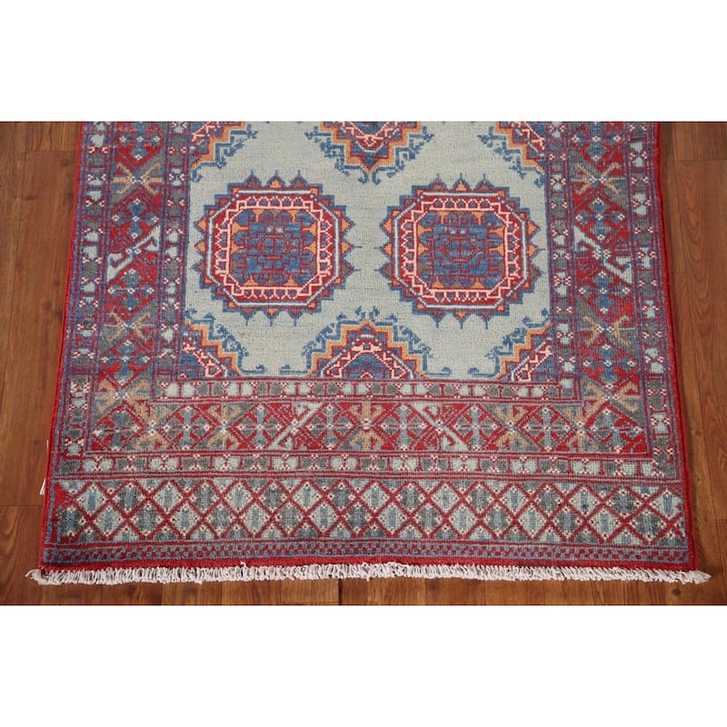 Geometric Kazak Accent Rug Hand-Knotted Blue Wool Carpet - 3'1"x 4'9"