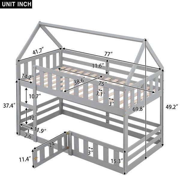 dimension image slide 1 of 2, Twin over Twin House Bunk Bed with Fence and Door, Grey - Solid Pine Wood, Playful Design with Whimsical Roof and Guardrails