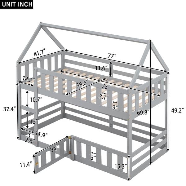 dimension image slide 1 of 2, Twin over Twin Solid Pine House Bunk Kids Bed Frame with Fence and Door, Grey