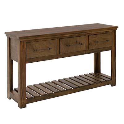 Ally Sofa Console Table, 3 Drawers, Slatted Shelf, Brown Wood, 54 Inch
