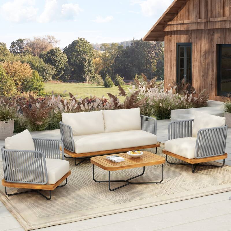 Christopher Knight Home- Mason Acacia Wood Outdoor Conversation Set - 4-Pieces - Teak Finish+Beige Cushion+light grey rope