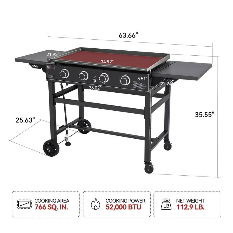 Royal Gourmet 35-Inch 4-Burner Gas Griddle with A Griddle Cover, Foldable Side Shelves, 52,000 BTU