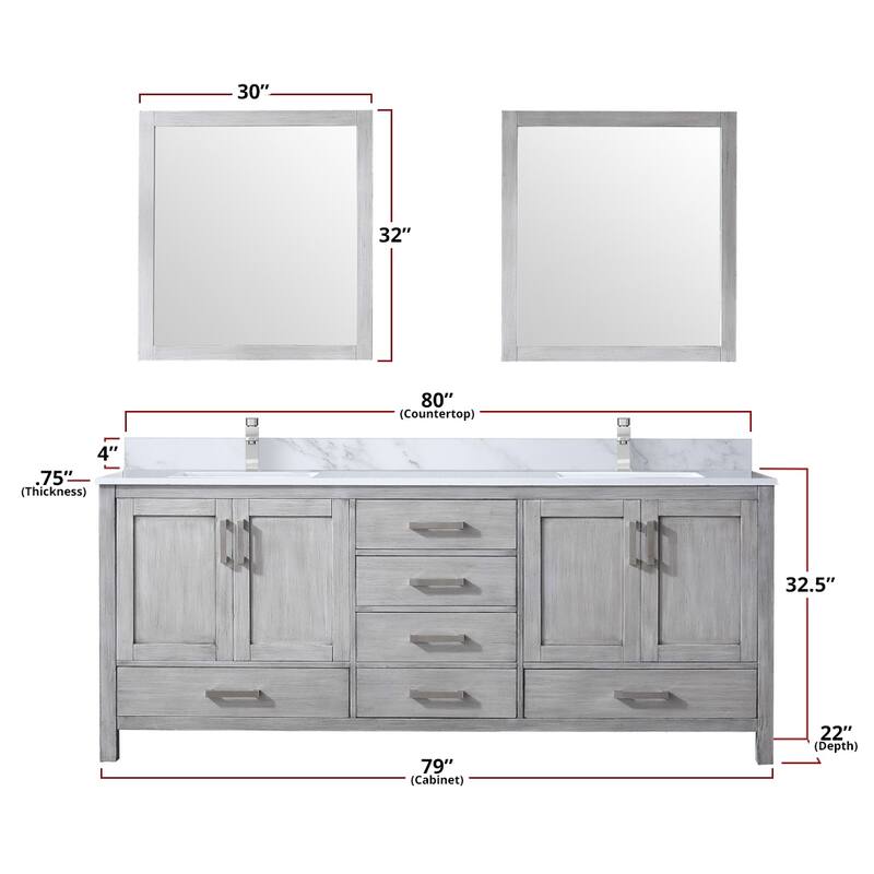 Jacques 80 in. W x 22 in. D Dark Grey Double Bath Vanity, Carrara Marble Top, Faucet Set, and 30 in. Mirrors