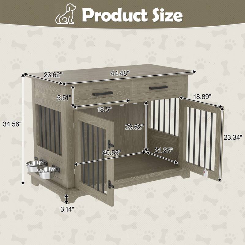 2 Doors Decorative Pet Cage Dog House with 2 Storage Drawers and Rotating Bowls, Wooden Large Dog Crate Furniture