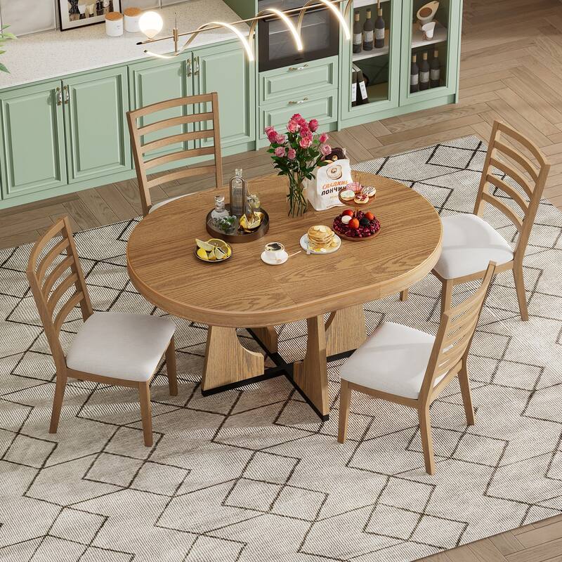 Geometric Base Dining Table, Extendable Round Kitchen Table Set with 16" Removable Middle Leaf, Circular Cutout Design