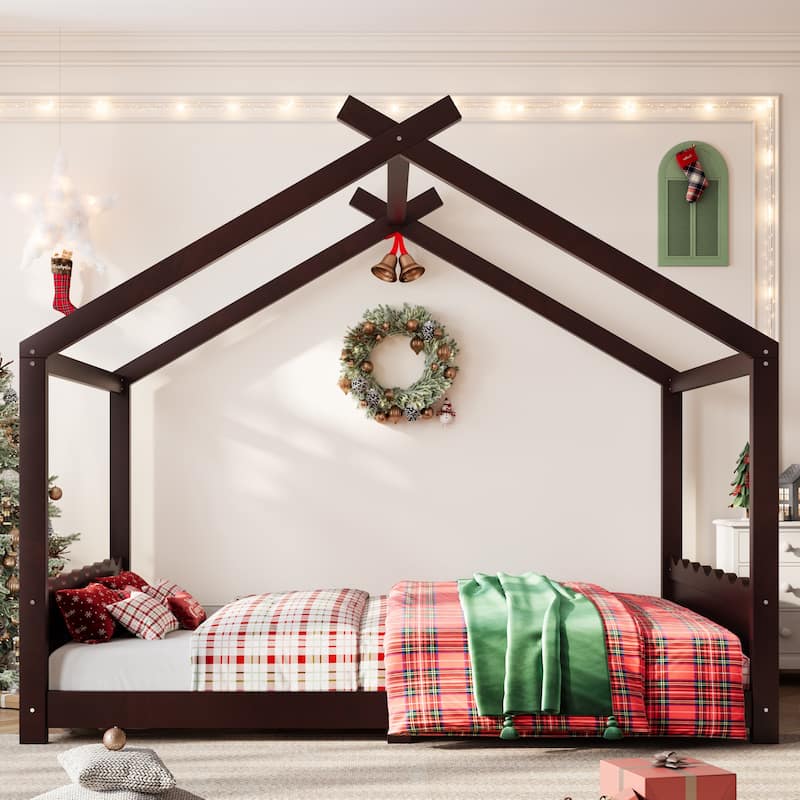 Queen/Full/Twin Solid Wood House Floor Bed, No Box Spring Needed - Espresso - Queen