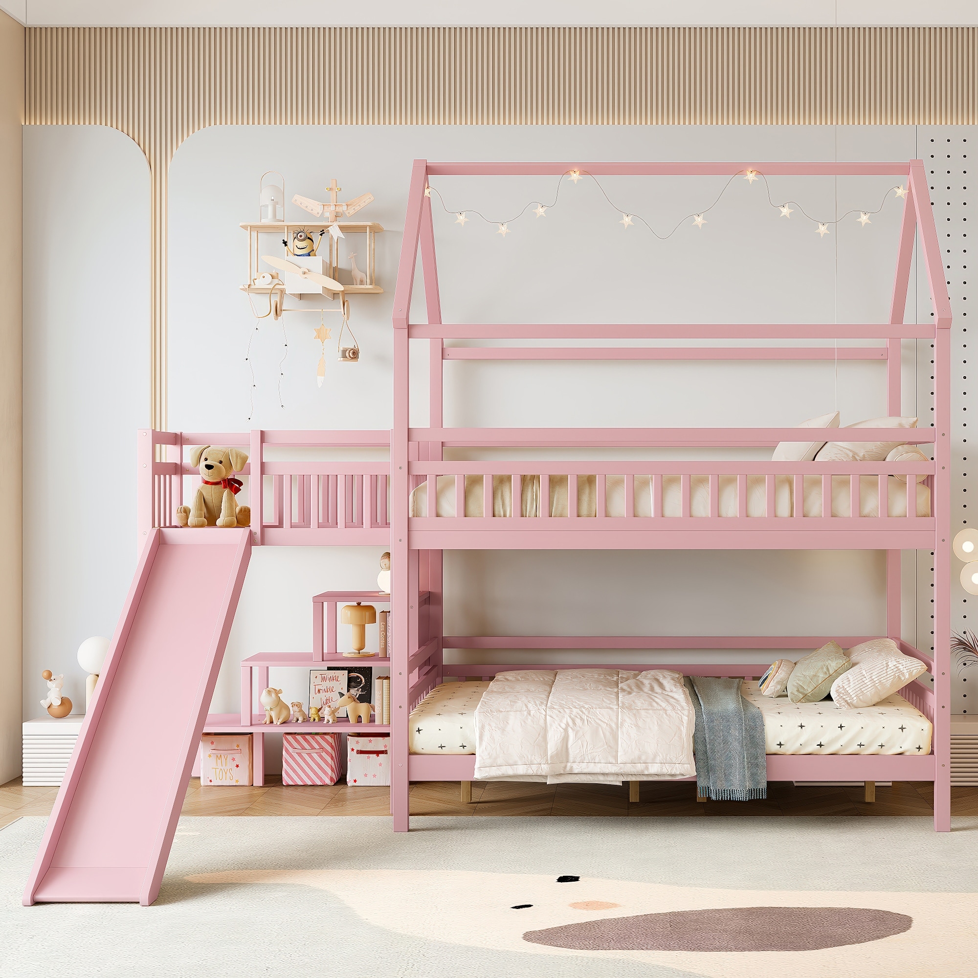 Full/Twin House-Shaped Bunk Bed with Slide & Storage Stairs, Playhouse Bed with Two Placement Methods