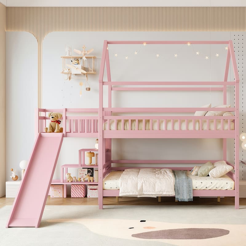 Full/Twin House-Shaped Bunk Bed with Slide & Storage Stairs, Playhouse Bed with Two Placement Methods - Pink - Full