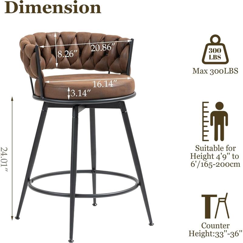 XINMICS 360° Swivel Bar Stools, 24 Inches Modern Counter Height Bar Stools with Woven Back, Upholstered Suede Tall Barstools