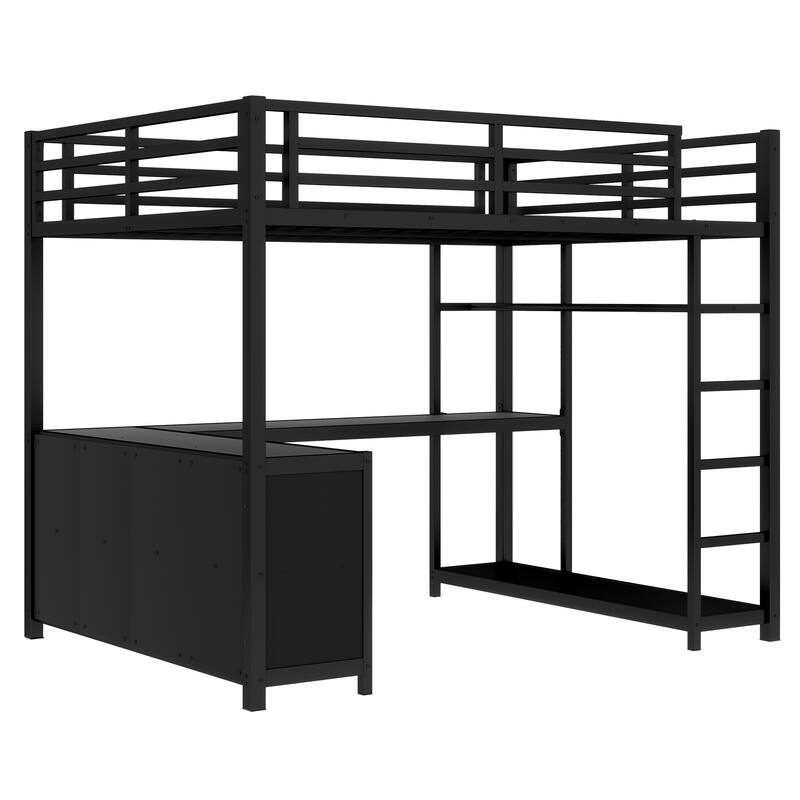 Full Size Metal Loft Bed with Wardrobe & L-shaped Desk with Storage Cubes and Shelves for Kids Teens Adults, Black