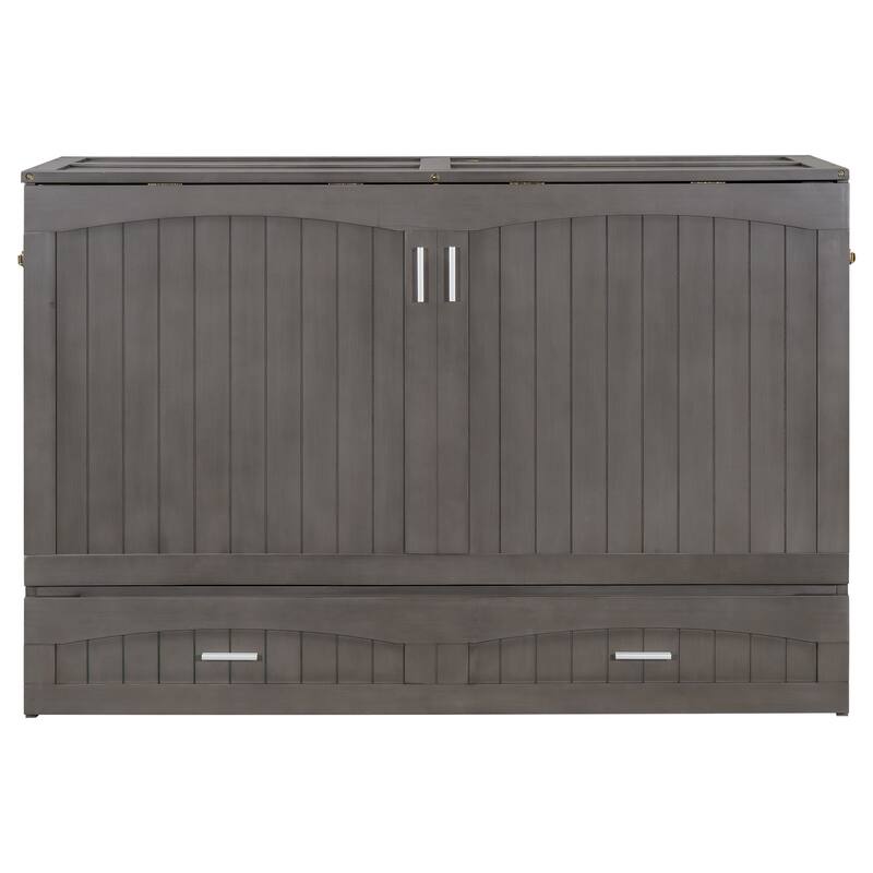 Queen Size Murphy Bed with Built-In Charging Station and Storage Drawer, Antique Gray Finish