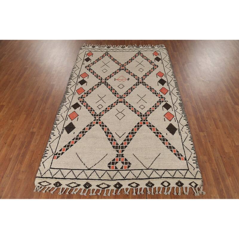 Geometric Moroccan Oriental Area Rug Hand-Knotted Beige Wool Carpet - 6'0"x 9'8"