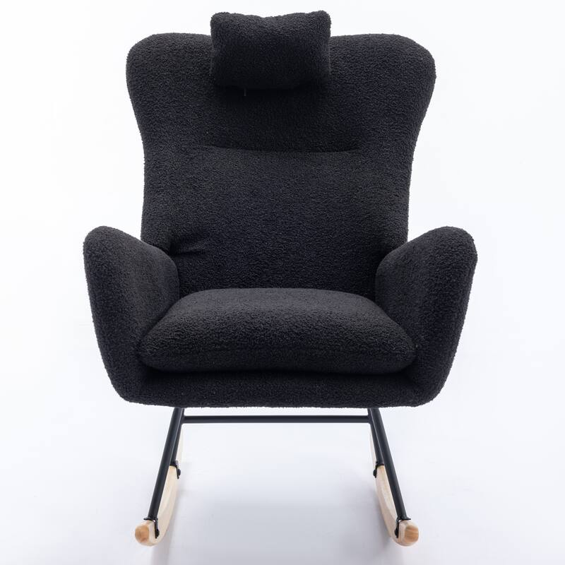 Teddy Fabric Wingback Rocking Chair for Nursery with Safe Solid Wood Base