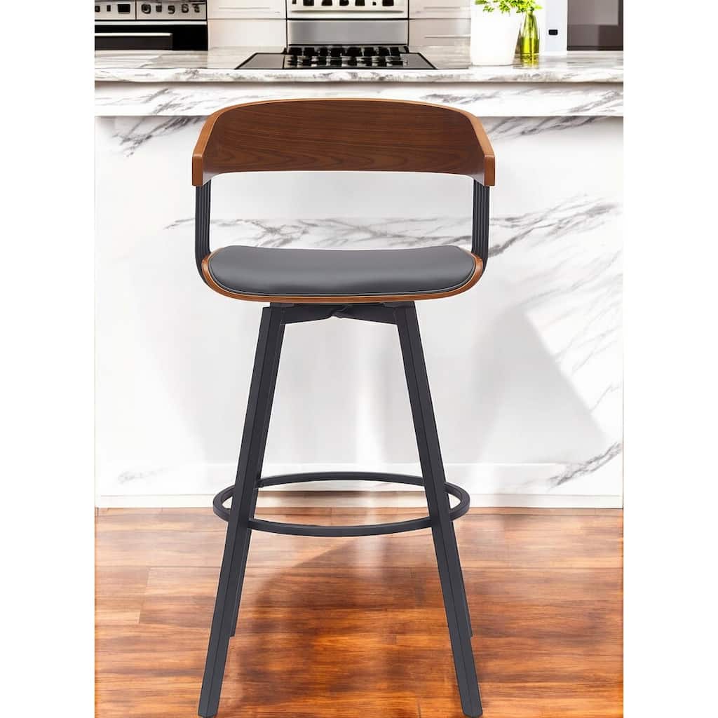 31" Gray and Black Faux Leather with Metal Swivel Bar Height Bar Chair